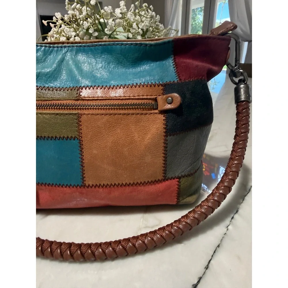 The Sak Patchwork Leather Suede Hobo Bag Multicolor Braided Handle Boho